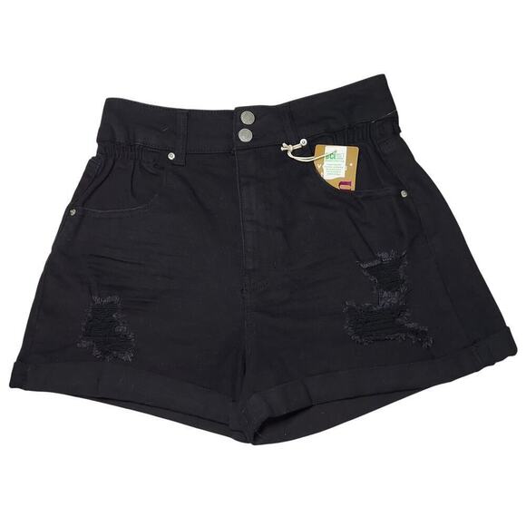 Vanilla Star Super High Rise Tapered Leg Distressed Black Denim Mom Shorts - Picture 1 of 10